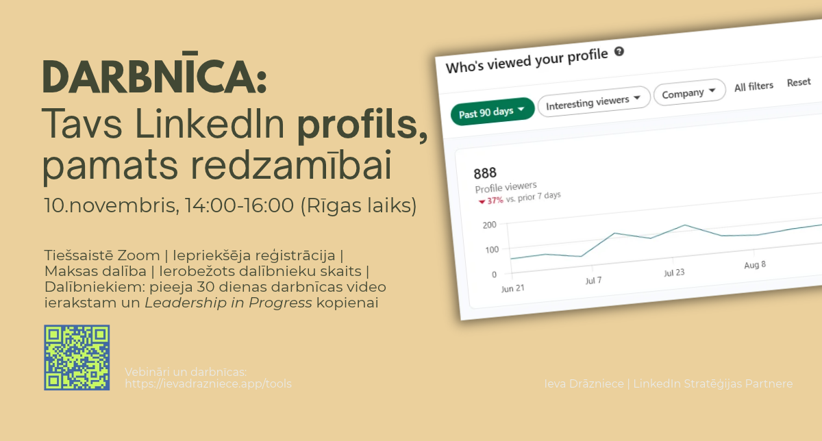 Darbnīca Tavs LinkedIn profils, pamats redzamībai, tiešsaistē Zoom ar Ievu Drāznieci, 10. novembris, 14:00–16:00 Rīgas laiks