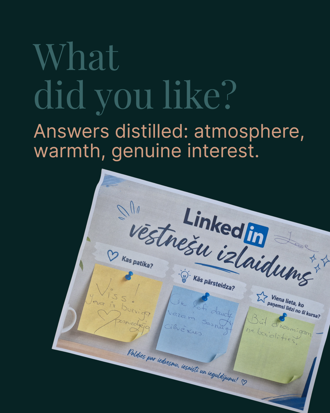 Handwritten participant notes from a LinkedIn ambassador program graduation: what did you like, what surprised, what will you take with you.