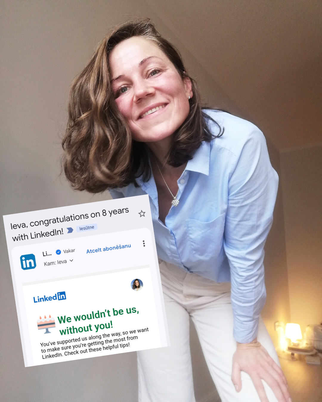 Ieva Drazniece celebrating 8 years with LinkedIn, receiving a personal notification from the platform
