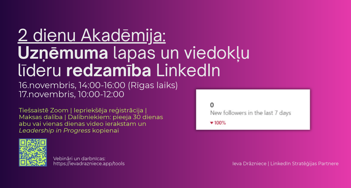 Akadēmija uzņēmuma lapas un viedokļu līderu redzamībai LinkedIn, divu dienu tiešsaistes akadēmija Zoom ar Ievu Drāznieci, 16.–17. novembris