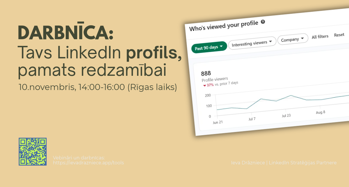 Darbnīca Tavs LinkedIn profils, pamats redzamībai, tiešsaistē Zoom ar Ievu Drāznieci, 10. novembris, 14:00–16:00 Rīgas laiks