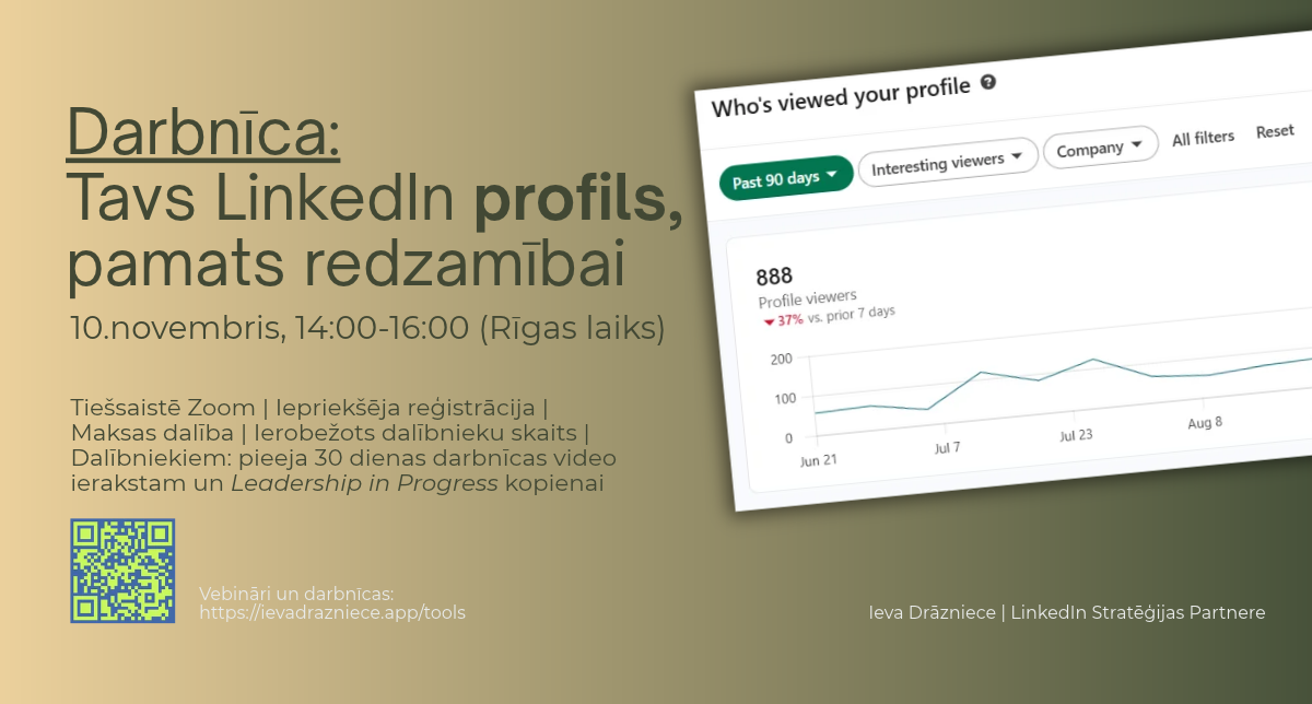 Darbnīca Tavs LinkedIn profils, pamats redzamībai, tiešsaistē Zoom ar Ievu Drāznieci, 10. novembris, 14:00–16:00 Rīgas laiks
