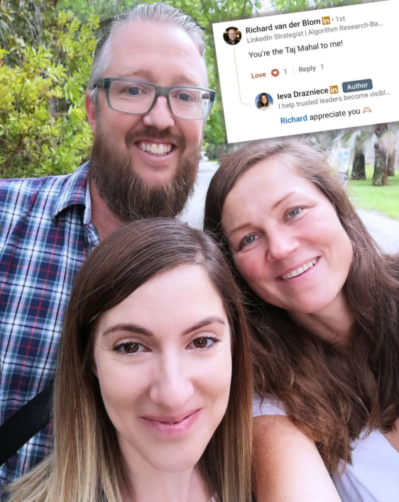 Richard van der Blom and Ieva Drazniece together, with a LinkedIn comment from Richard saying You're the Taj Mahal to me