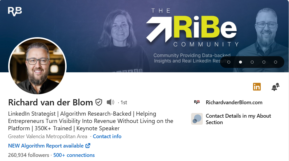 Richard van der Blom's LinkedIn profile showing his role as LinkedIn Sales Strategist and The TRIBE Community